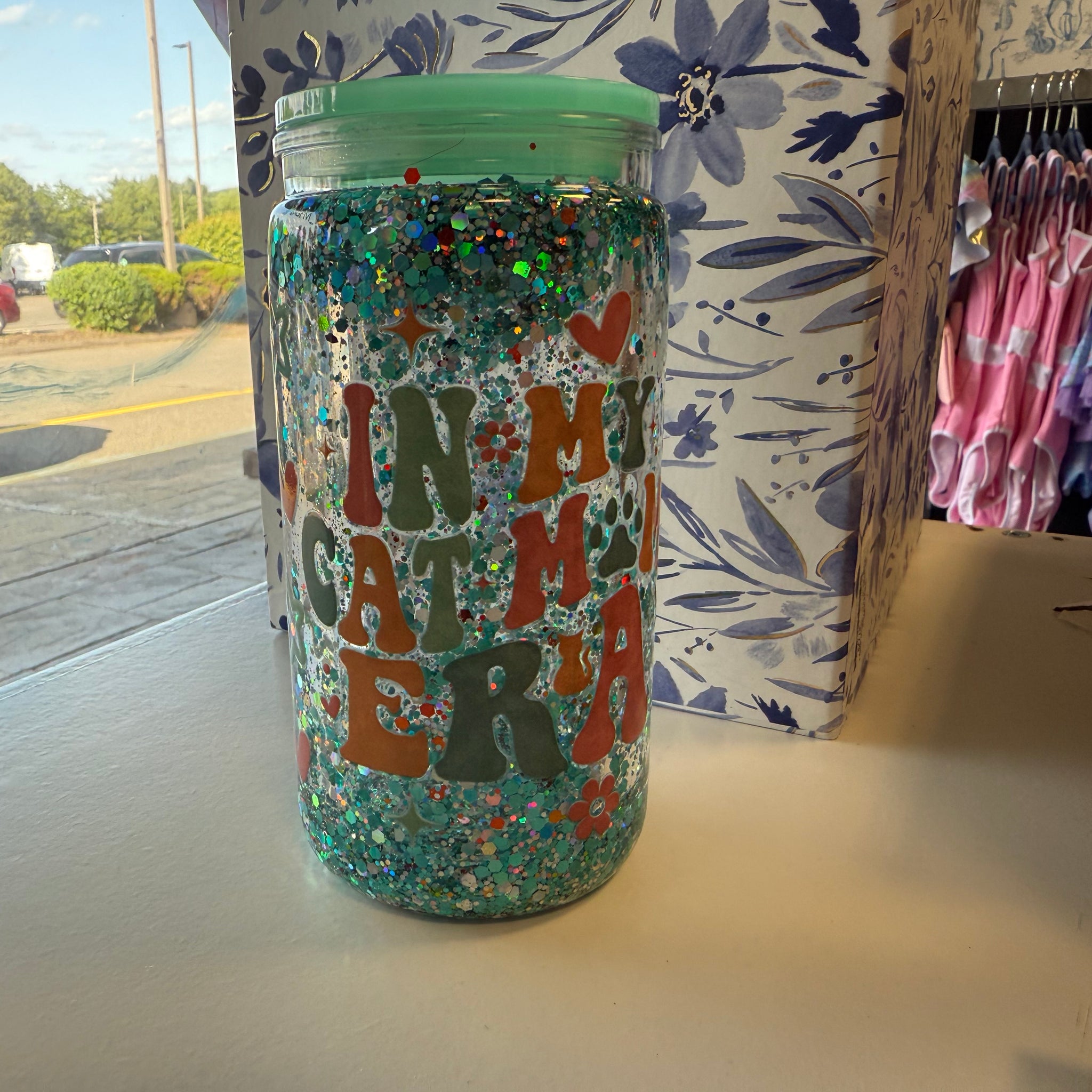 In my cat era glass tumbler teal 16oz