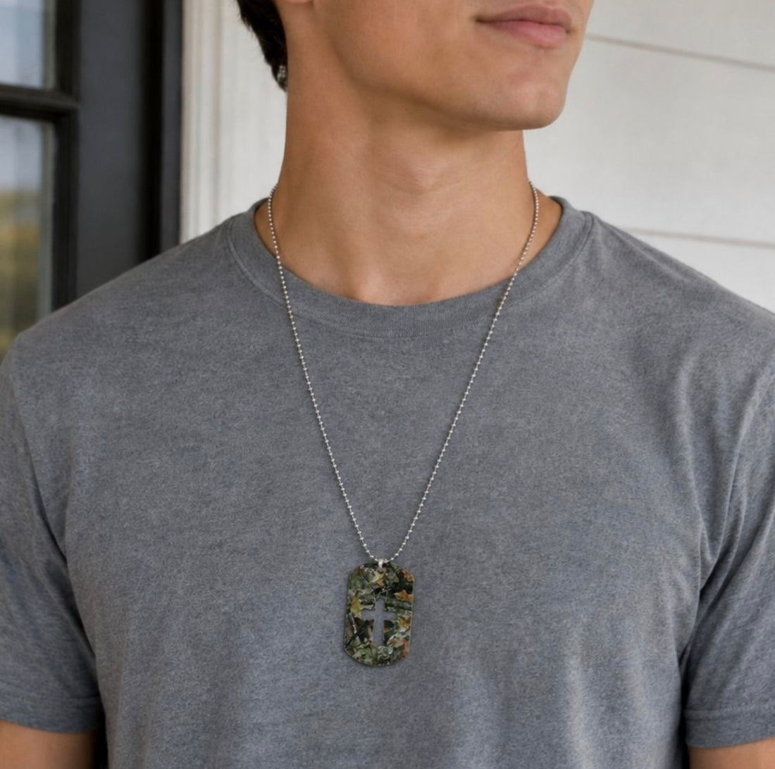 Camouflage Cross Dog Tag Necklace