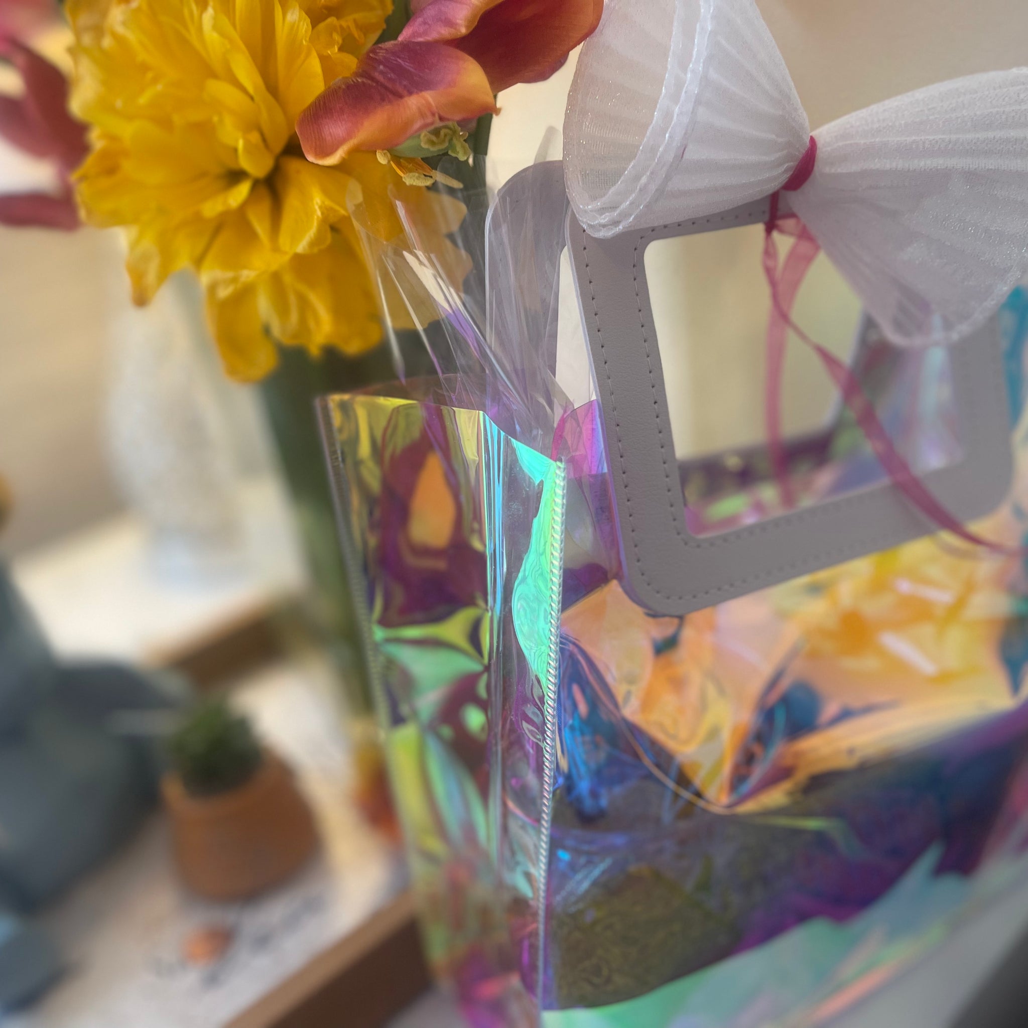 Mom’s special pink blue clear bag