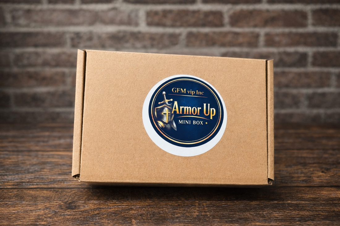 Kraft gift box with navy and gold Armor Up Mini Box 
, designed as a faith-based encouragement gift for men.