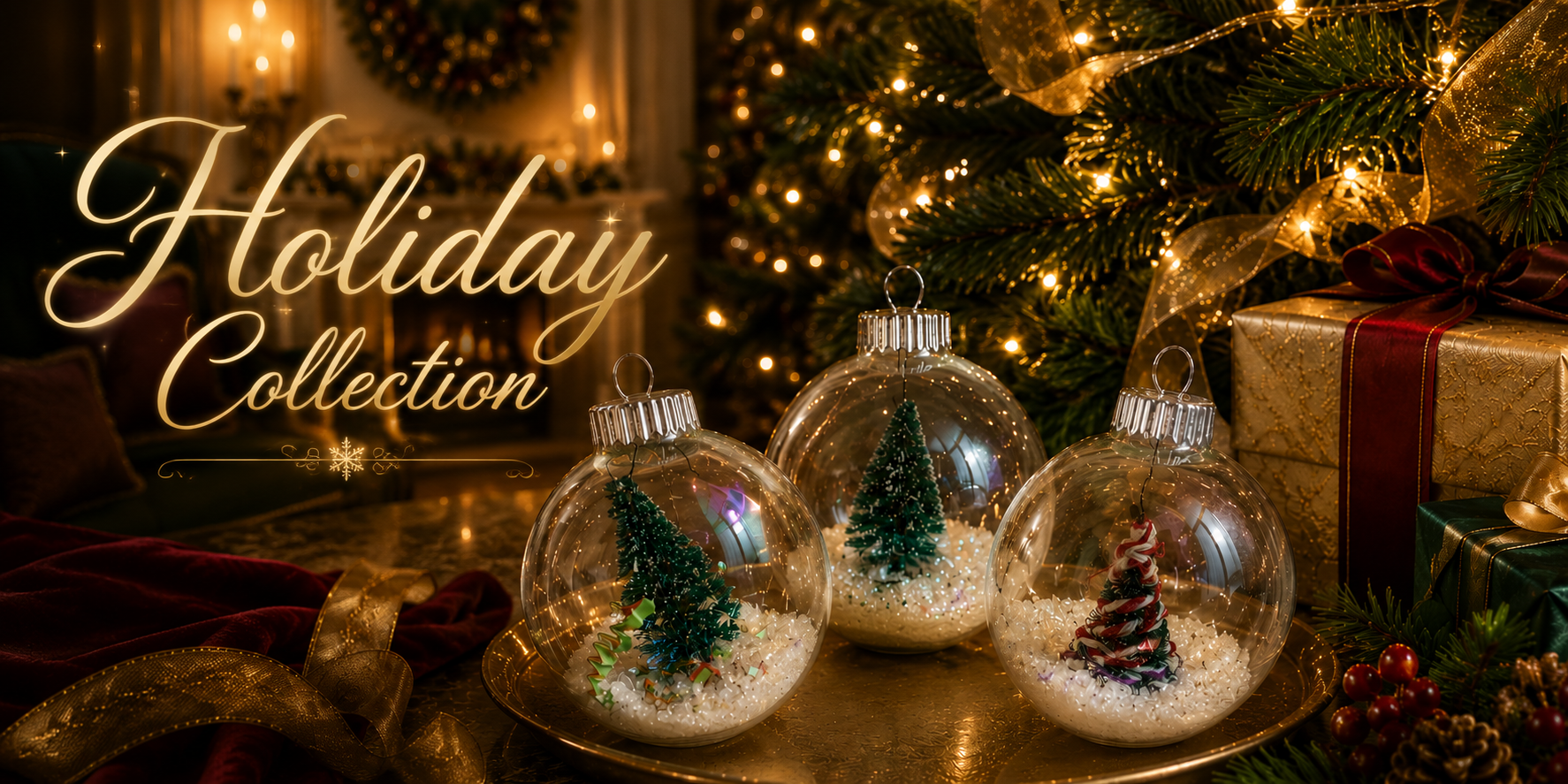 Three clear round holiday ornaments with miniature Christmas trees inside, displayed on a tray in a warm, decorated holiday setting with a tree, wrapped gift, and the text 'Holiday Collection'.