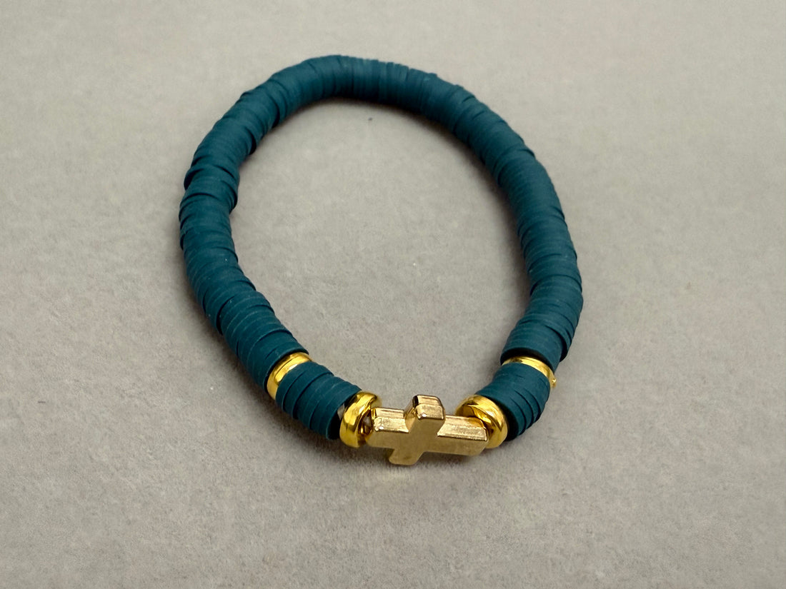 Faith Teal gold cross clay bracelet