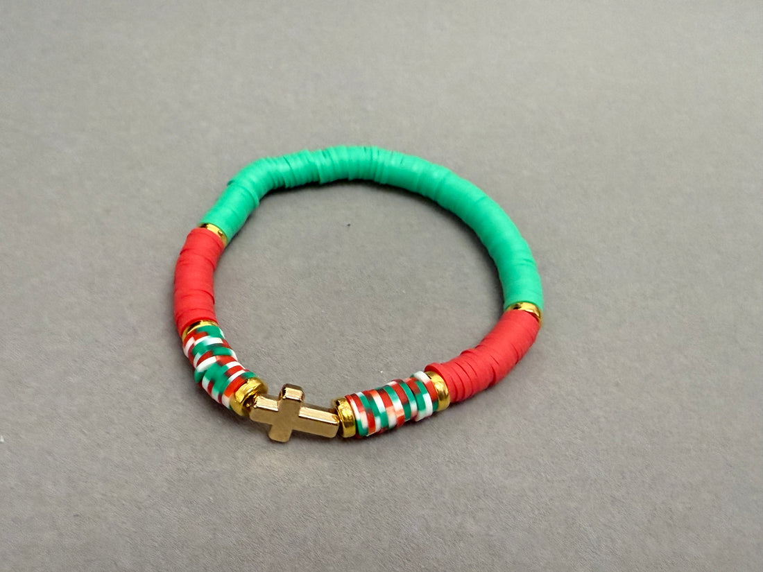 Faith Green/ red gold cross clay bracelet