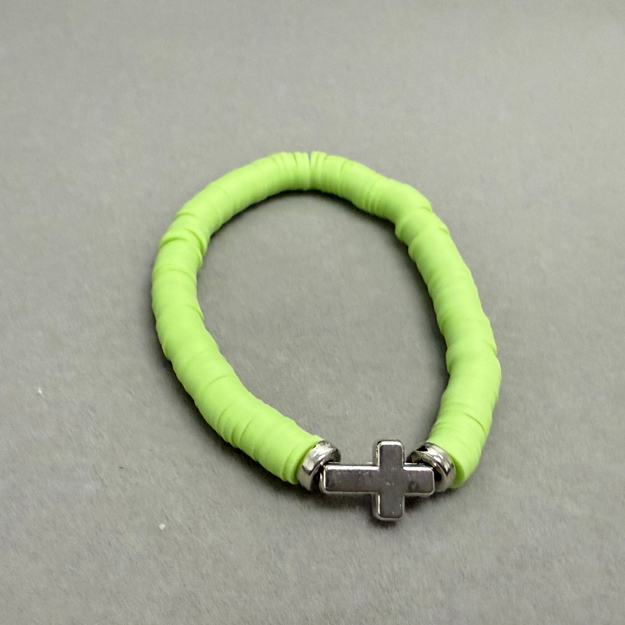 Faith lime green silver color cross clay bracelet