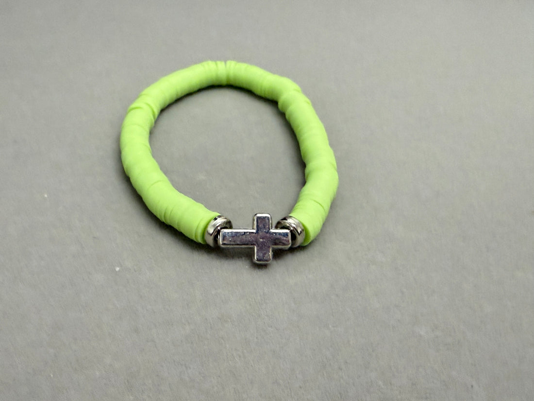 Faith lime green silver color cross clay bracelet