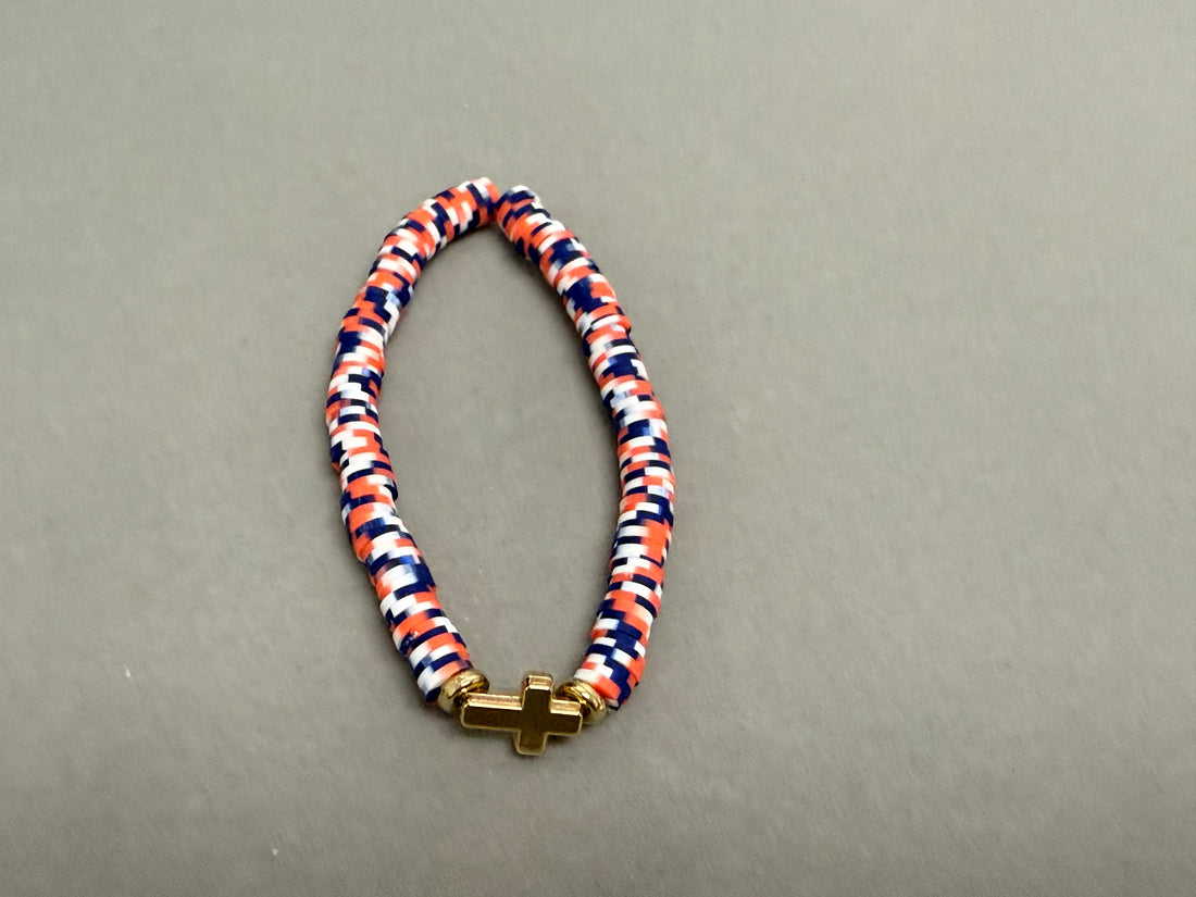 Faith red/white/blue gold color cross clay bracelet