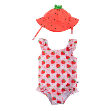 Baby Ruffled Swimsuit & Sun Hat Set - Strawberry
