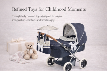 Navy blue toy pram with teddy bear and umbrella on a light gray background, featuring text about refined toys for childhood moments.