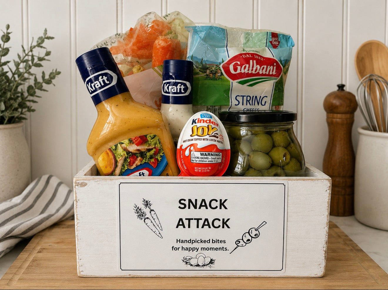Shop the Snack Attack Gift Crate featuring organic carrots, string cheese, olives, Kinder Joy, and 2 Kraft condiments. Handpicked bites for happy moments.