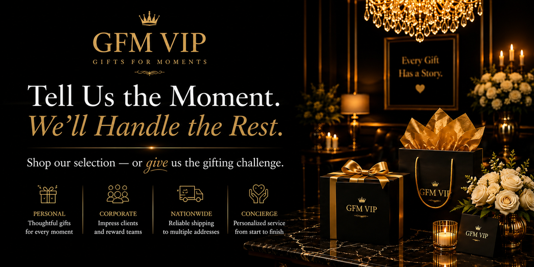 GFM VIP Gifts For Moments with elegant black and gold gift packaging, shopping bags, flowers, candles, and a chandelier in a dark luxurious interior.