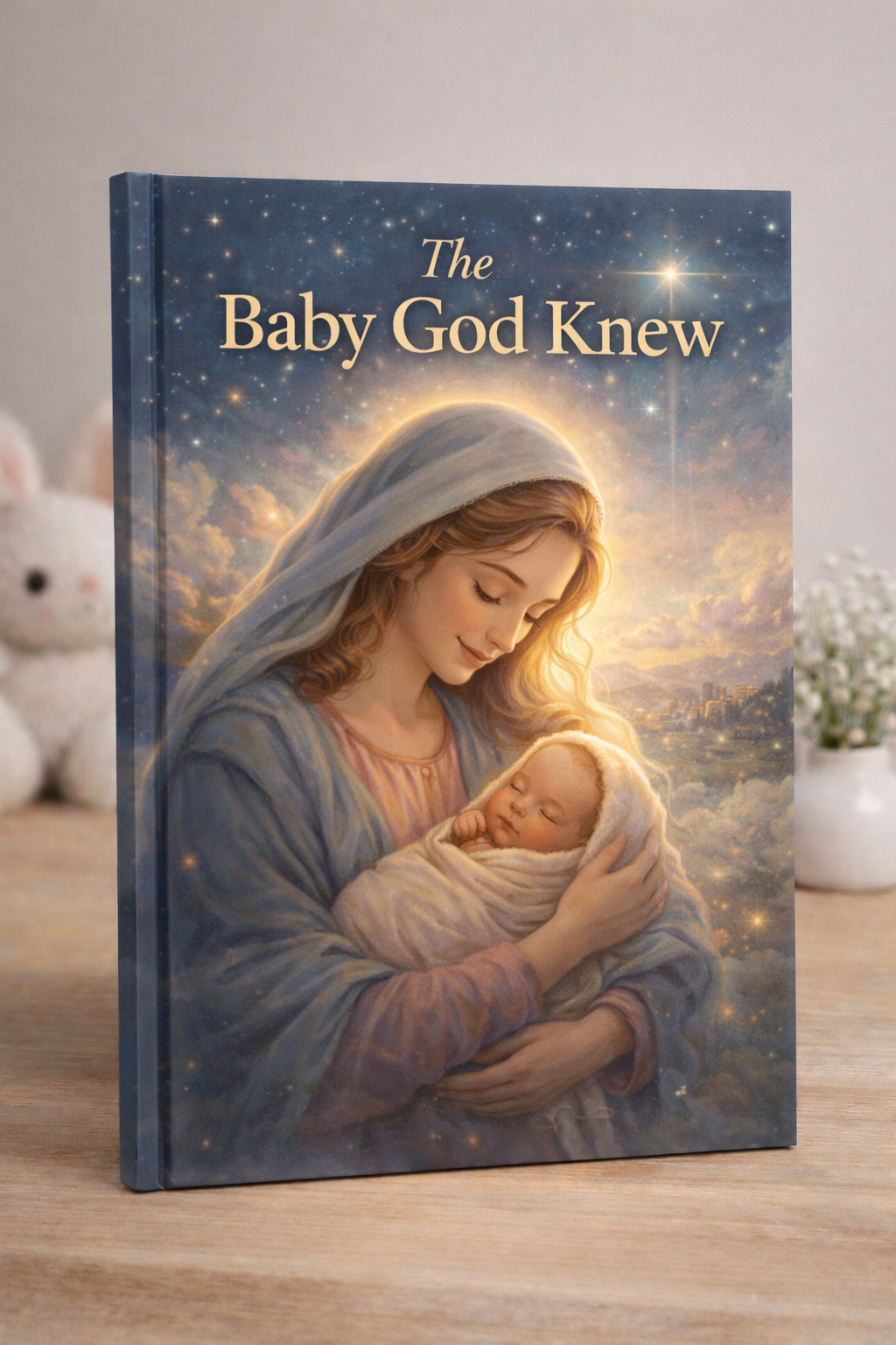 Book titled 'The Baby God Knew' featuring an illustration of a woman holding a baby against a starry night background.