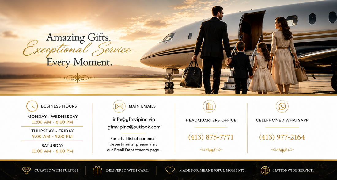 A promotional banner for GFMV Inc. featuring a family walking towards a private jet on a tarmac at sunset, with the text 'Amazing Gifts.