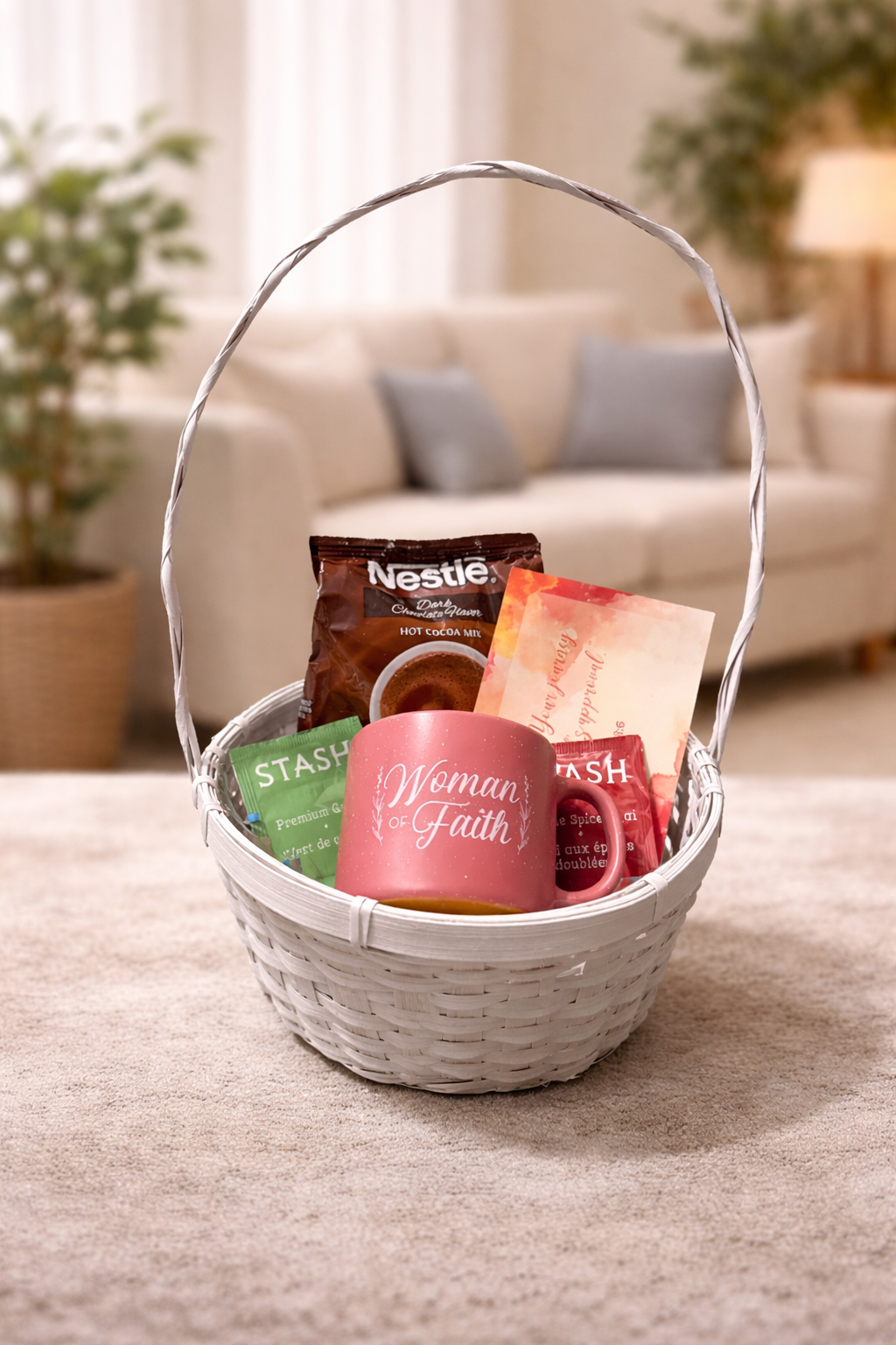 A cozy faith-inspired gift featuring a Woman of Faith mug, scripture card, premium teas, and dark chocolate cocoa—perfect for encouragement and comfort.